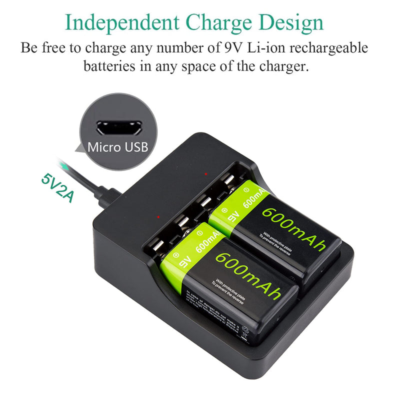9V Rechargeable Battery Charger Pack，LP 2-Pack 9 Volt Lithium-ion/Ni-MH/Ni-CD Batteries & 2-Bay Battery Charger for Alarms, Wireless Microphones, (2-Pack 9V Batteries with Charger) 2-Pack 9V Batteries with Charger - NewNest Australia