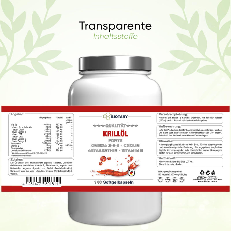BIOTARY krill oil soft gel capsules, 140 capsules, 1040 mg daily portion, including pill box, Omega 3, 6, 9, astaxanthin, vitamin E, choline, phospholipids, laboratory tested, in premium quality, phospholipids 2-piece set - NewNest Australia