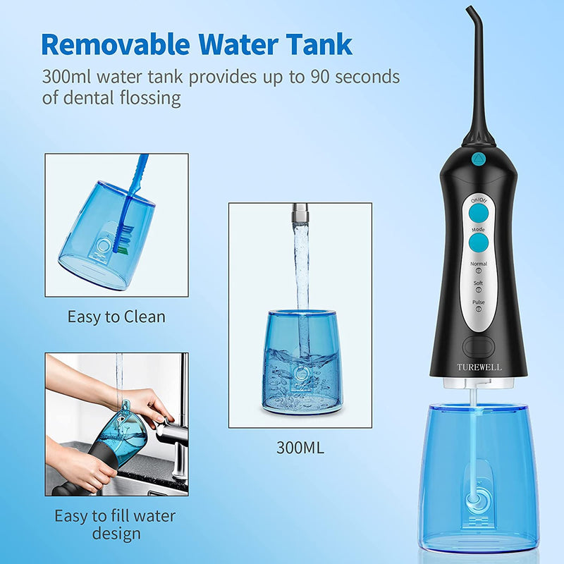 Turewell Oral Irrigator, Electric Interdental Cleaner With 3 Modes And 4 Nozzles, Ipx7 Waterproof, 300 Ml, Wireless, Usb, Portable, Rechargeable For Family And Travel - NewNest Australia