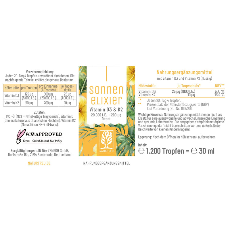 NATURTREU® Vitamin D3 K2 drops high dosage & vegan - 20,000 IU vitamin D3 + vitamin K2 MK7 200 mcg per dose (depot) - NewNest Australia