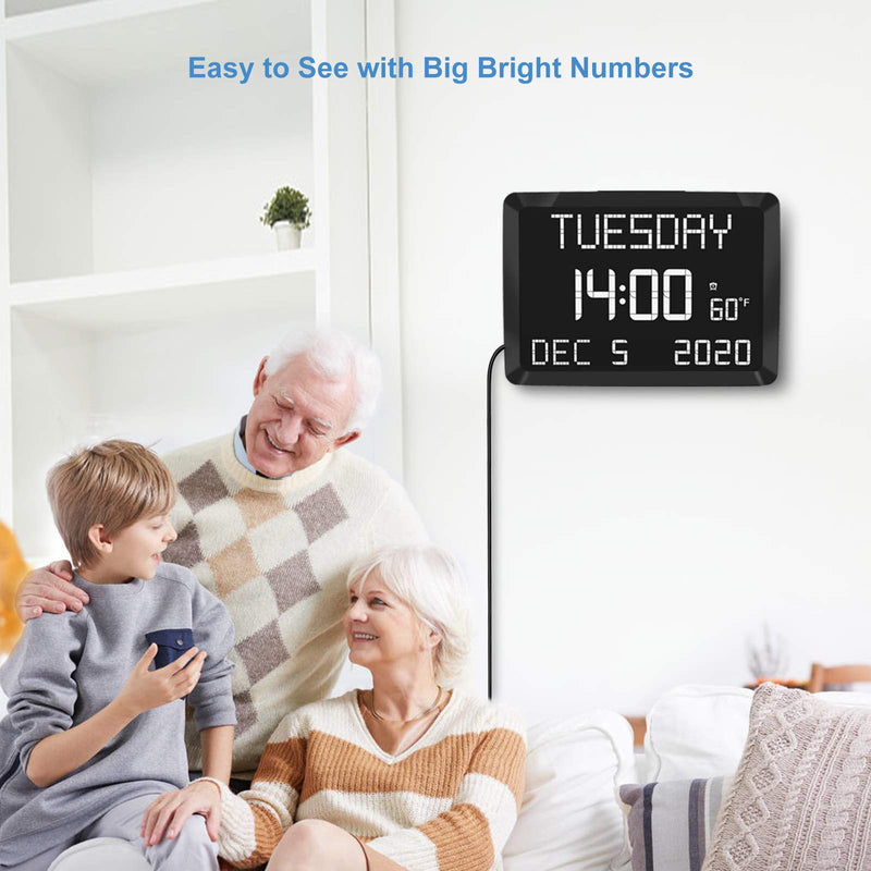 NewNest Australia - Digital Clock, Raynic 11.5" Large LED Word Display Dimmable Digital Wall Clock,Adjustable Brightness Digital Alarm Clock with Day and Date,Indoor Temperature,Snooze,12/24H,DSTfor Home, Office,Elderly 