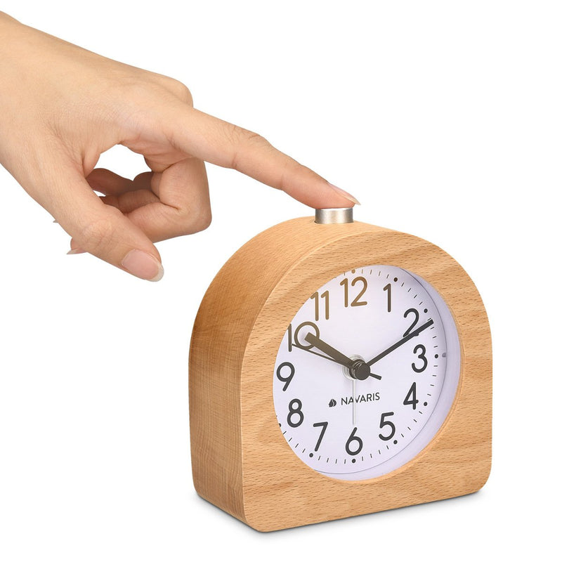 NewNest Australia - Navaris Wood Analog Alarm Clock - Half-Round Battery-Operated Non-Ticking Clock with Snooze Button and Light - Light Brown 