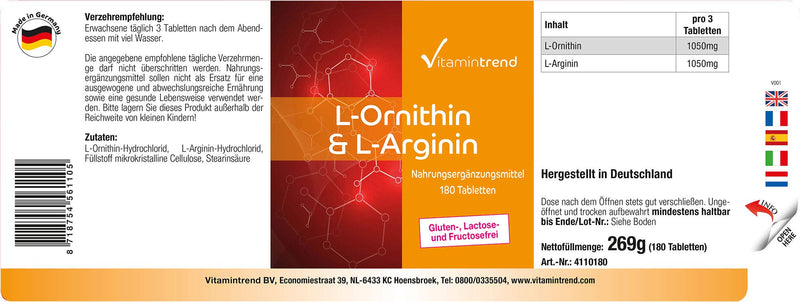 L-Ornithine & L-Arginine - 180 tablets - 2100 mg amino acids per daily dose - vegan - high dosage | Vitamintrend® - NewNest Australia