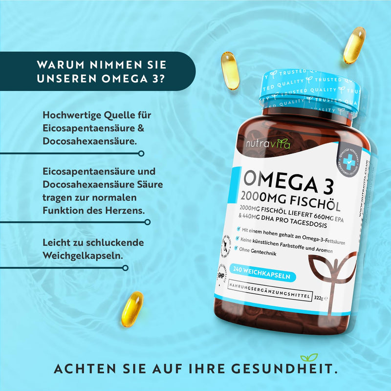 Omega 3 2000 mg - pure fish oil from SUSTAINABLE fishing - HIGH DOSE with 660 mg EPA & 440 mg DHA per serving - 240 high-dose capsules - tested/certified in Germany - NewNest Australia