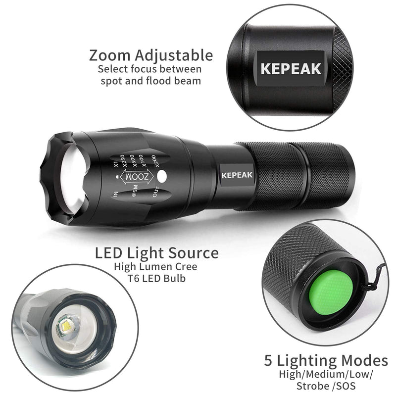 KEPEAK LED Flashlight, 5 Modes Tactical Flashlight, IPX5 Water Resistant, High Lumen, Zoomable Flashlight for Camping, Outdoor, Hiking, Emergency 1 Pack Flashlight - NewNest Australia