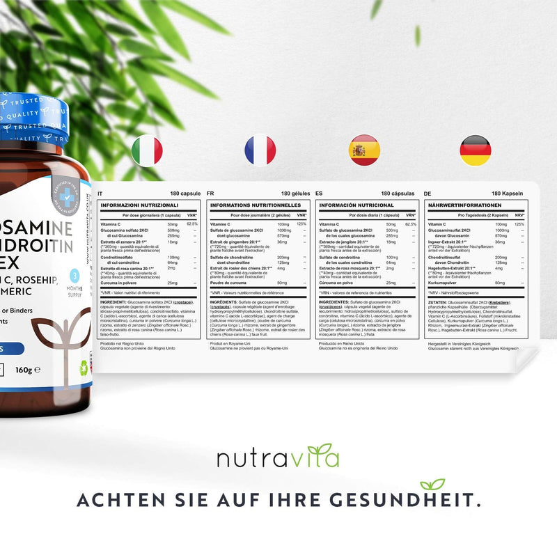Glucosamine & Chondroitin Complex - 180 capsules - with vitamin C, turmeric, ginger and rose hip - GMO free and without additives - high dosage - NewNest Australia