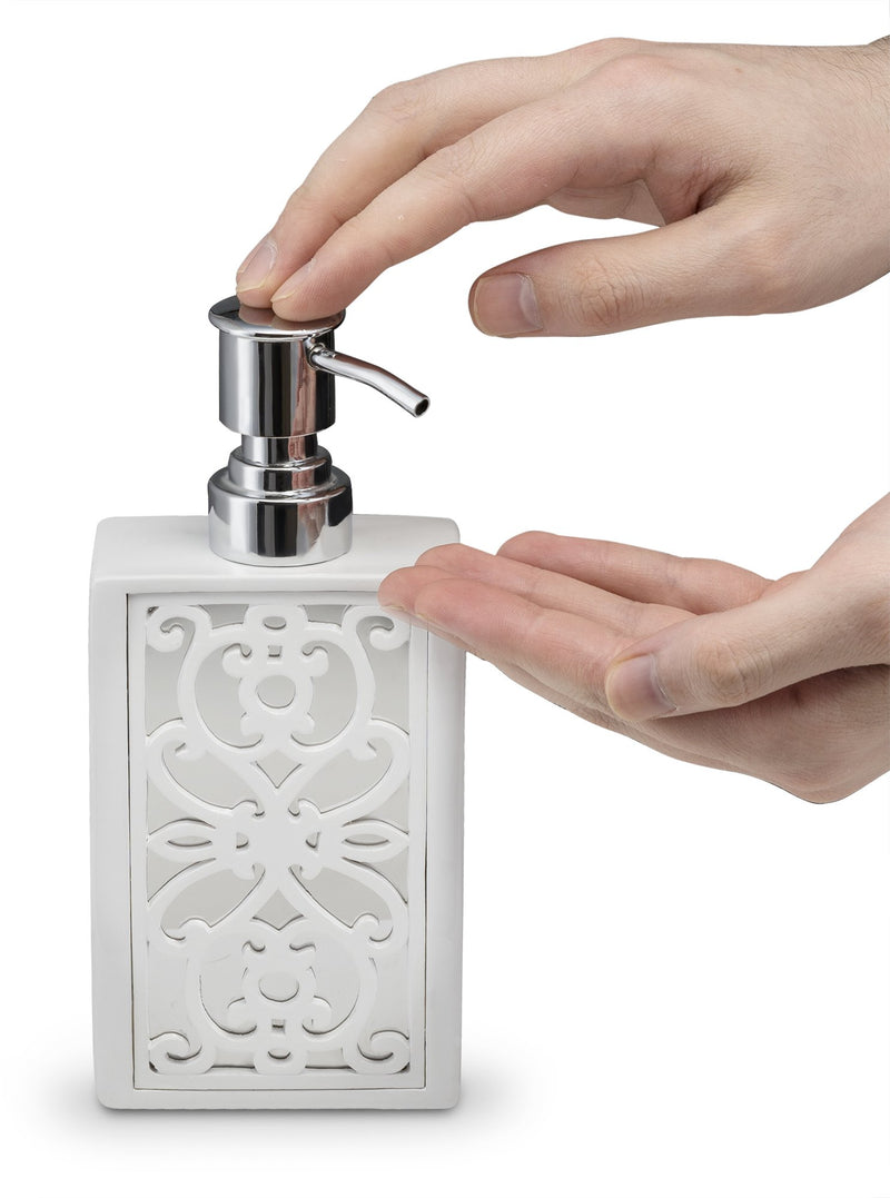 DWELLZA Mirror Janette Hand Soap Dispenser (3" x 2" x 7.2") - Countertop Hand Lotion Pump - Durable Metal Mechanism - Contemporary Modern Design - Resin Shower Dispensers (White) - NewNest Australia