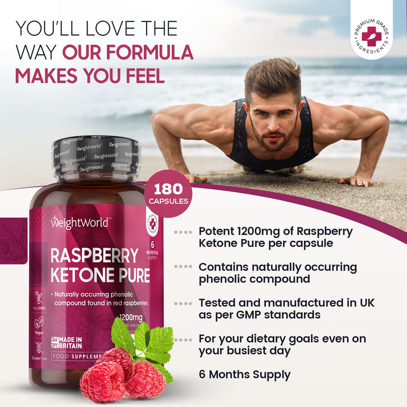 Pure Raspberry Ketones 1200mg - 180 Vegan Capsules (6 Month Supply) - Max Strength Raspberry Ketones Supplement - Suits Low Carb & Keto Diet -Better Absorption Than Tablet - 100% Natural - UK Made - NewNest Australia