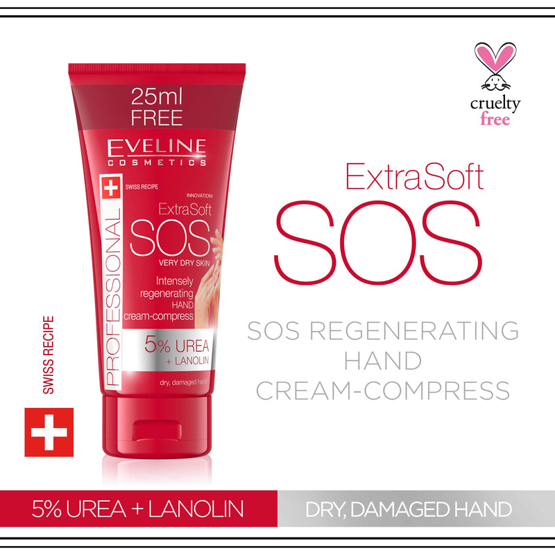 Eveline Cosmetics SOS Rich Moisturising Repair Hand and Nail Nourishing Cream for very Dry and Cracked Hands | 100 ML | 5% UREA+ Lanolin | Fast-absorbing Non-greasy Concentrated Formula | Intense Care - NewNest Australia