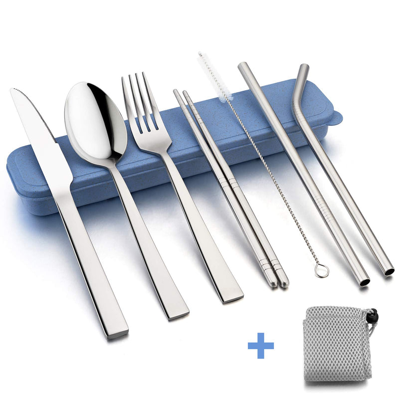 NewNest Australia - Portable Travel Utensils with Case, HaWare Stainless Steel Silverware Set for Camping Office School Lunch, Including Knife Fork Spoon Chopsticks, Reusable and Dishwasher Safe(Blue) Blue Case 