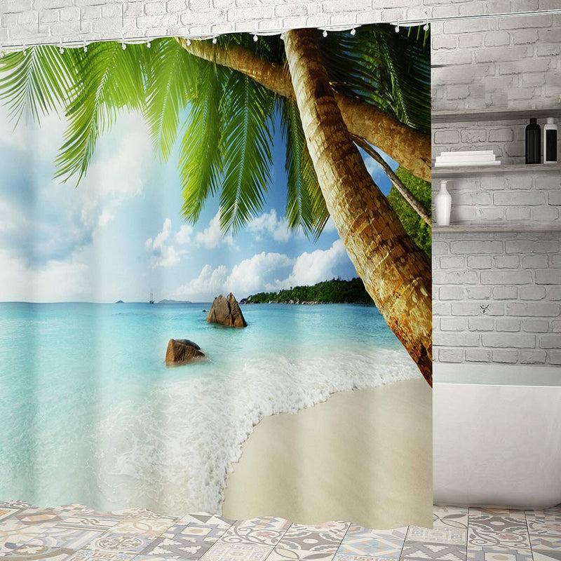 ABxinyoule Beach Scene Shower Curtain Tropical Beach Theme Palm Blue Waterproof Fabric Bathroom Sets - NewNest Australia