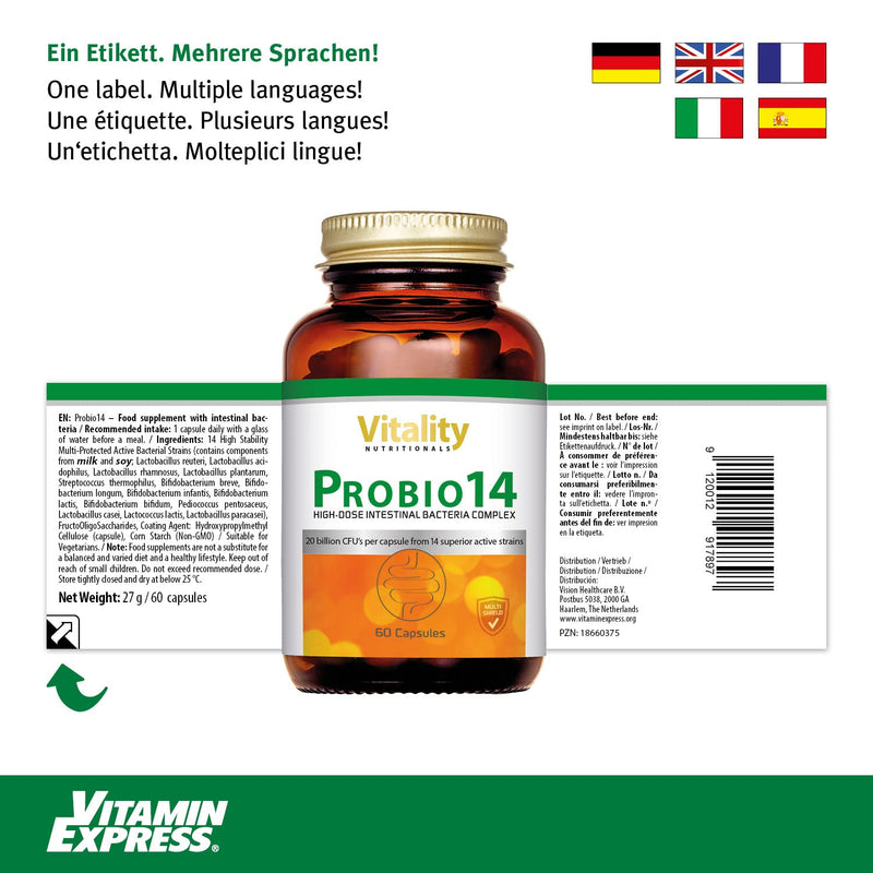 Probio 14 Bacterial Strains Including Lacto, Bifido, Pediococcus I Daily 212 Mg Active Bacteria & 200 Mg Fos I 60 Capsules Vegetarian I Intestinal Health Vitality Nutritionals By Vitaminexpress - NewNest Australia
