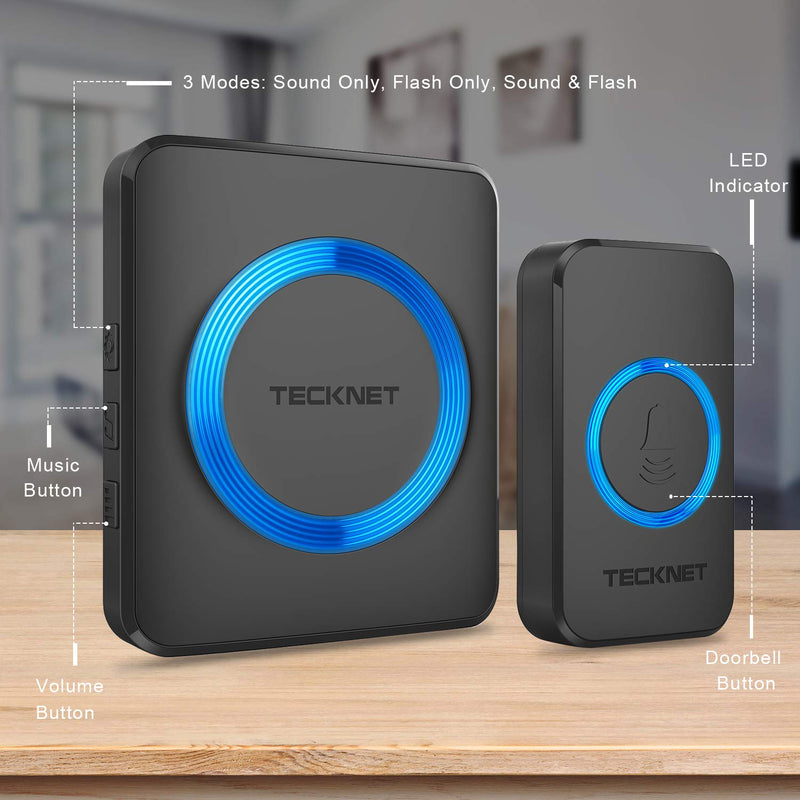TECKNET Wireless Doorbell for Home, Classroom Doorbell Plug-in Cordless Door Chime Kit With 1300ft Range, 38 Chimes, 4 Level Volume, No Batteries Required for Receiver(1-2, Black) 1 Receivers + 1 Button - NewNest Australia