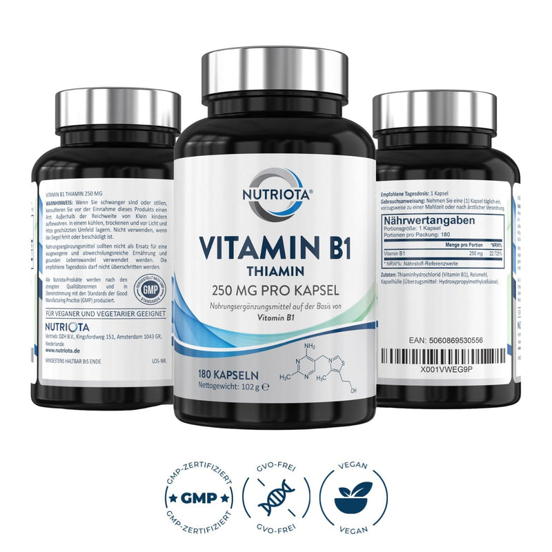 Vitamin B1 (Thiamine) High Dose 250 mg Capsules – 180 Capsules – Vegan Friendly – From Nutriota - NewNest Australia