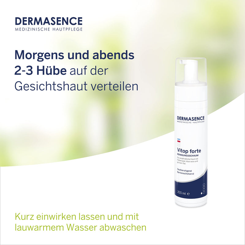 DERMASENCE Vitop forte cleansing foam, 200 ml - mild, soap-free and pH-neutral cleansing for sensitive facial skin with neurodermatitis - with woad, green tea and aloe vera unscented 200 ml (pack of 1) - NewNest Australia