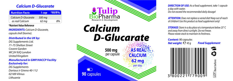 Tulip BioPharma Calcium D-Glucarate 500mg 90 capsules, laboratory tested | High strength | Without fillers or bulkers | Gluten, GMO free - NewNest Australia