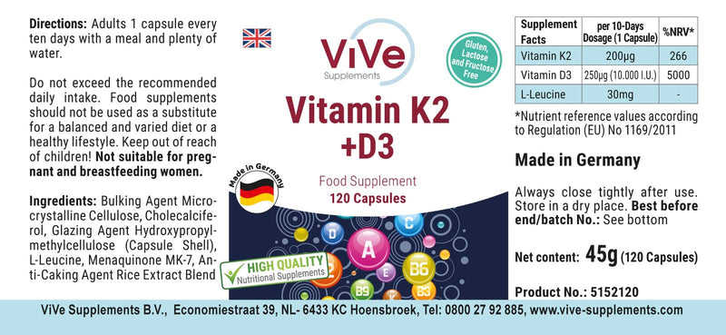 Vitamin K2 200 mcg Menaquinone MK7 + D3 10,000 IU Depot - 120 capsules, high dose, only one capsule every 10 days | Quality from Germany from ViVe Supplements - NewNest Australia