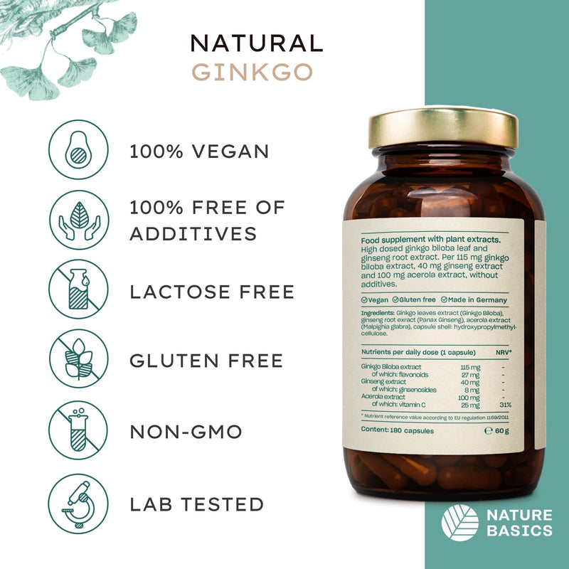 Nature Basics® Natural Ginkgo Biloba Sustainable in Amber jar | CO2 Neutral & additive Free | 180 Vegan Capsules | 115mg Ginkgo Biloba & 40mg Ginseng Extract per Daily dose - NewNest Australia