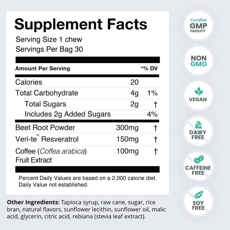 HumanN SuperBeets Memory + Focus Chews - Helps Support Brain Health & Alertness - SuperBeets Nootropic Supplement with Resveratrol & Beet Root Powder, Blueberry Pomegranate Flavor, 30 Soft Chews - NewNest Australia
