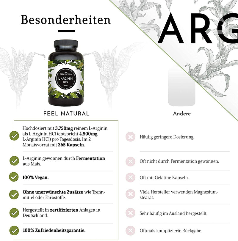 L-Arginine 365 Vegan Capsules With 4500 Mg Vegetable L-Arginine Hcl From Fermentation (Of Which 3750 Mg Pure L-Arginine) Per Daily Dose, No Additives, High Dose, Vegan, Made In Germany - NewNest Australia