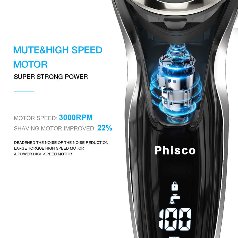 Phisco Electric Shavers Men Wet and Dry, Cordless Rechargeable IPX7 Waterproof Electric Shaver, Men’s 3D Rotary Shaver for Shaving Electric Razor with Pop-up Trimmer, LCD Display - NewNest Australia