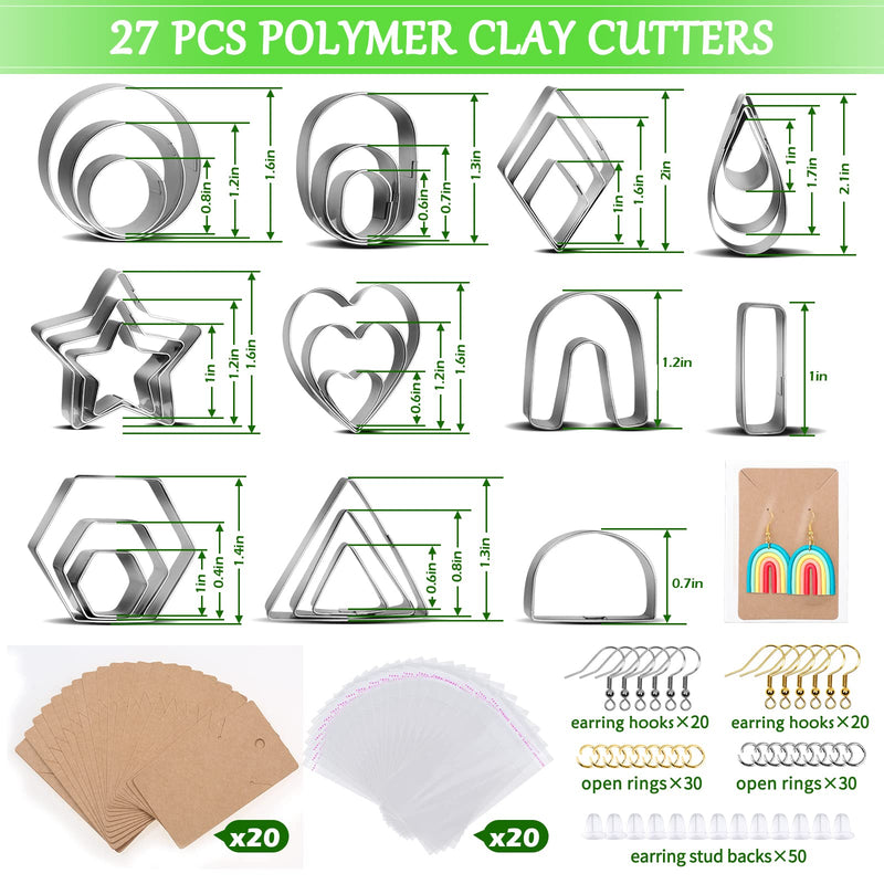 Polymer Clay Cutters Set, 27 Pcs 11 Shapes Clay Cutter Tools Kit Stainless Steel with Clay Molds Earring Hooks Holder Cards Bags Jump Rings Earring Backs for Polymer Clay Jewelry Making - NewNest Australia