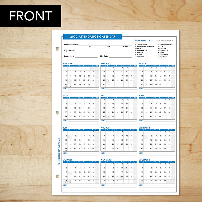 2022 Attendance Calendar Card Stock Paper – Great Employee Work Tracker | Printed on Durable and Thick 80lb (216gsm) Cardstock | 8 ½ X 11 | 25 Sheets per Pack - NewNest Australia