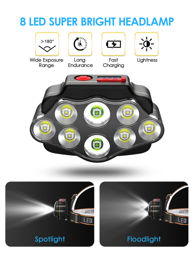 8 LED Headlamp Rechargeable, Lsnisni Super Bright 8000Lumen Head Light, 5-15 Hours Runtime, 4 Modes, Lightweight & Waterproof USB Headlight, Perfect for Adults Work Outdoor Camping - NewNest Australia