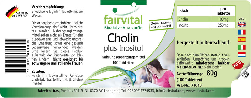 Fairvital | Choline bitartrate plus inositol - HIGH DOSE - VEGAN - 100 tablets - NewNest Australia