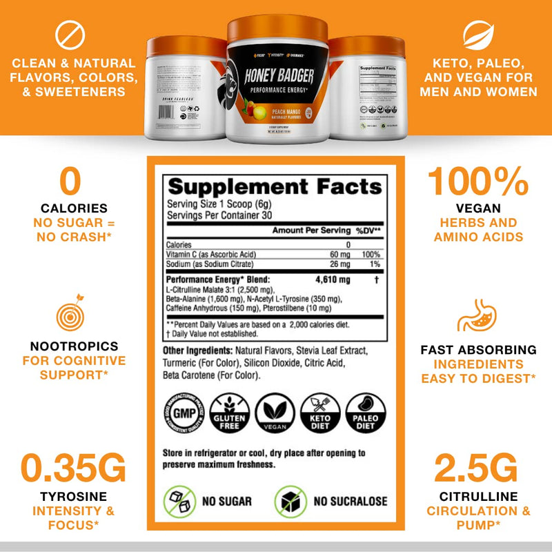 Honey Badger Pre Workout Powder | Vegan Keto Peach Mango Preworkout | Natural Energy for Men & Women | Beta Alanine, Caffeine & Vitamin C for Immune Support | Sugar Free & Paleo | 30 Servings 30 Servings (Pack of 1) - NewNest Australia