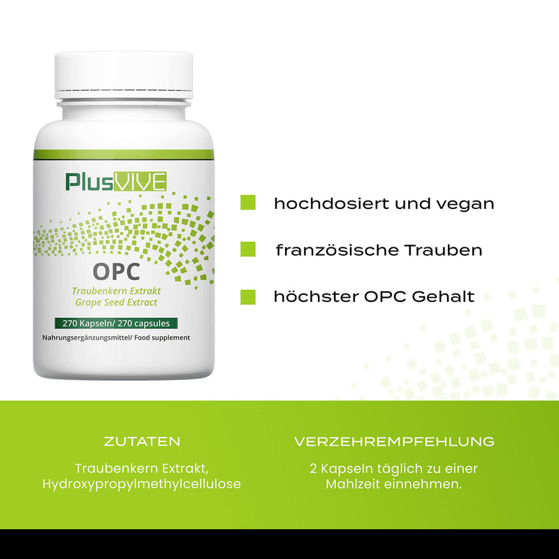 Plusvive OPC grape seed extract 270 capsules - high dose with 400 mg extract per capsule - from French grapes - laboratory tested and vegan single - NewNest Australia