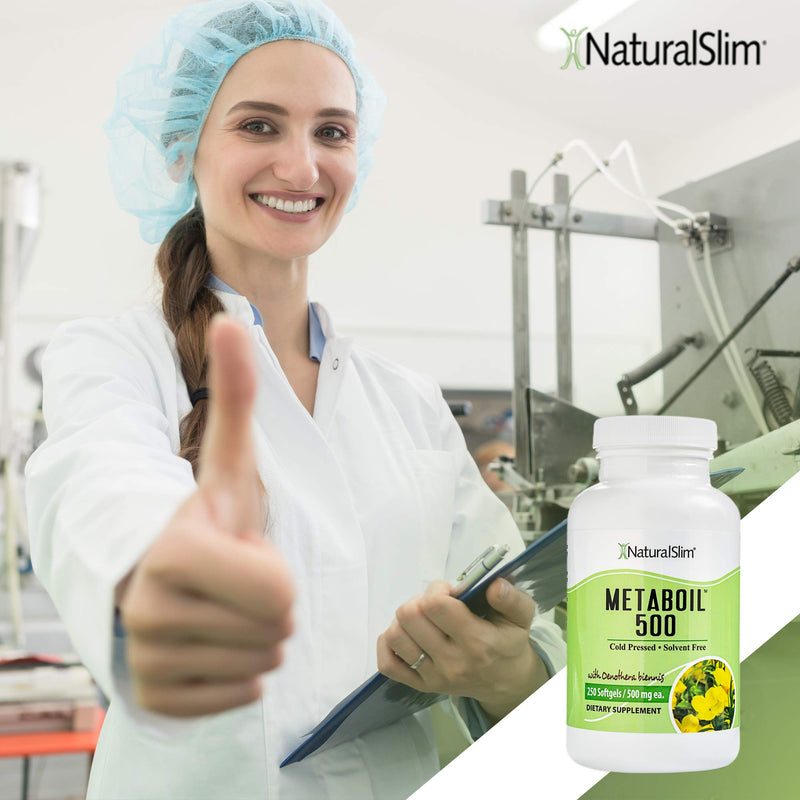NaturalSlim Metaboil 500 w/ Evening Primrose Oil & GLA (Gamma-Linolenic Acid) - Solvent Free Cold Pressed Supplements - Natural Anti-Inflammatory & Burner of Resistive Fat - 500mg, 250 Softgels - NewNest Australia