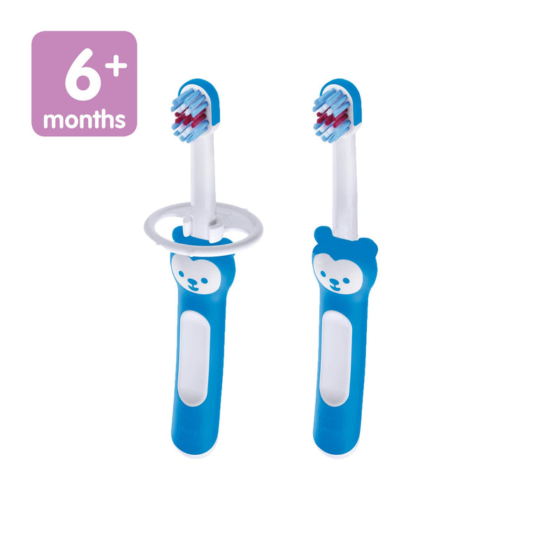 MAM Baby Toothbrushes (2 Baby's Brushes and 1 Safety Shield), Toothbrushes with Brushy the Bear Character, Interactive App, For Boys 6+ Months, Blue - NewNest Australia