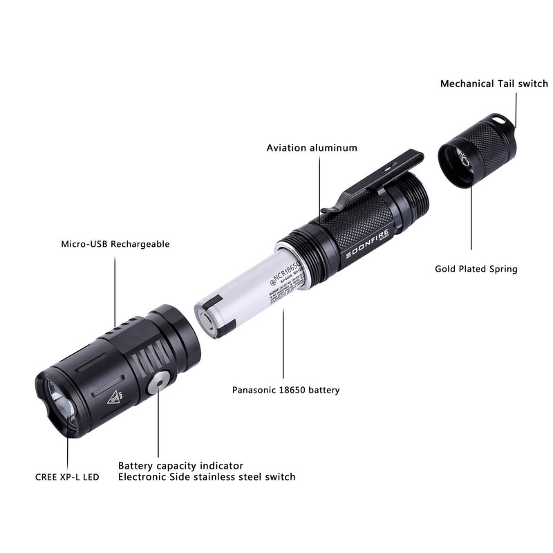 soonfire MX Series Tactical Flashlight 1060 Lumens Built-in a fast charging Micro-USB port 5 brightness Cree LED Waterproof Flashlight,18650 Battery and Holster Included(Black) Black - NewNest Australia