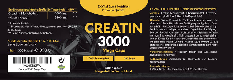Creatine 3000 Mega Caps, Workout Booster, 3000 mg Creatine Monohydrate per Daily Dose, 300 Vegan Capsules, 100% Pure with Mesh Factor 200 - Halal & Vegan - NewNest Australia