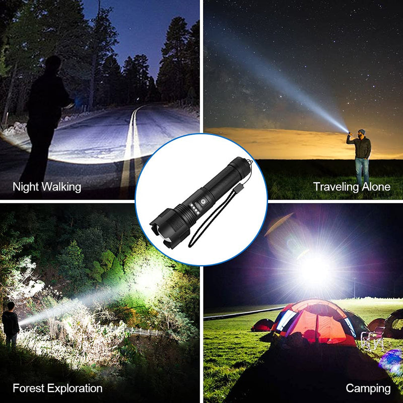 XHP50 Flashlights High Lumens Rechargeable, Super Bright Zoomable IPX4 Waterproof, LED Tactical Flashlight with 2200mAh Batteries Included, Handheld Flashlight for Camping Emergencies P50-2PC - NewNest Australia