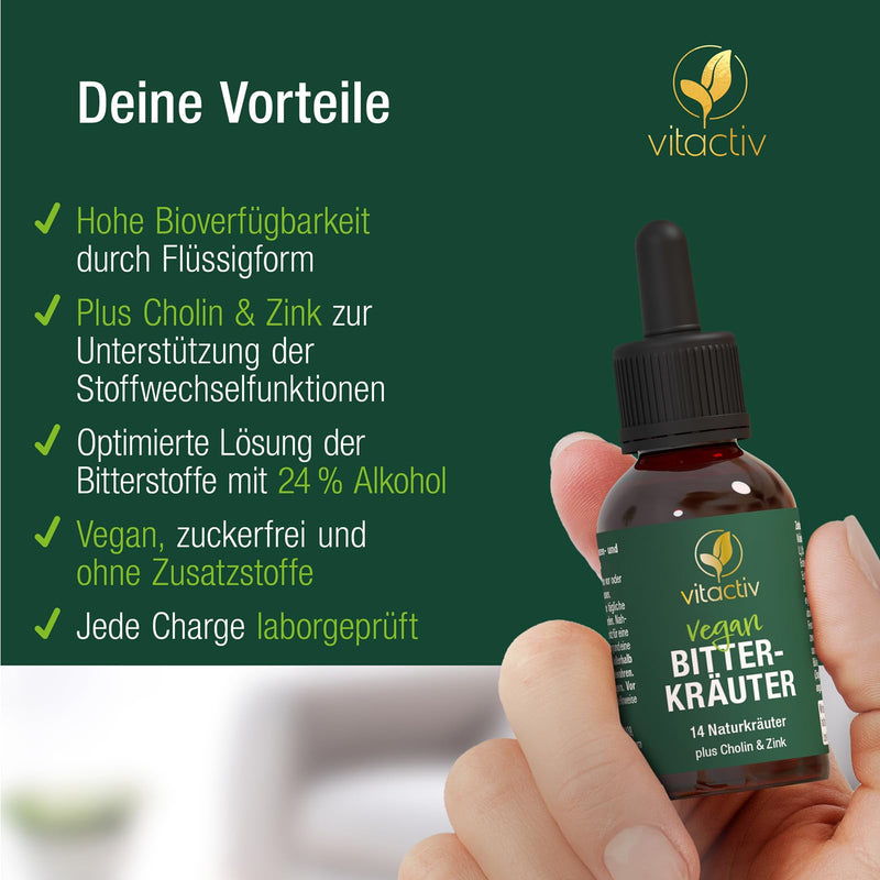 Vitactiv Bitter Herbs - Bitter Drops With Alcohol - Exquisite Herbs Plus Choline & Zinc - Bitter Drops By Hildegard Von Bingen - No Artificial Additives, Sugar-Free, Vegan - 50 Ml - NewNest Australia