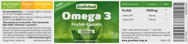 Greenfood Omega 3 fish oil (high dosage, no artificial additives, no genetic engineering, 1000 mg), 240 capsules, 240 pieces (pack of 1) - NewNest Australia