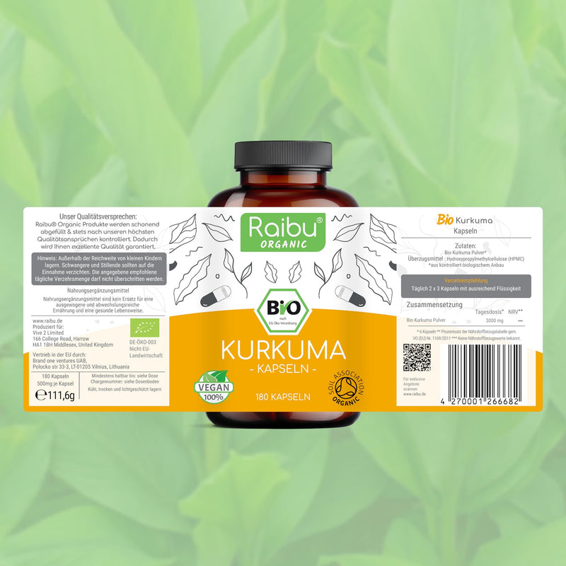 Raibu Bio Turmeric Capsules, High Dosage, 180 Turmeric Capsules With 3000 Mg Per Daily Dose, High Curcumin Content, Produced In Germany, Vegan Turmeric Capsules - NewNest Australia