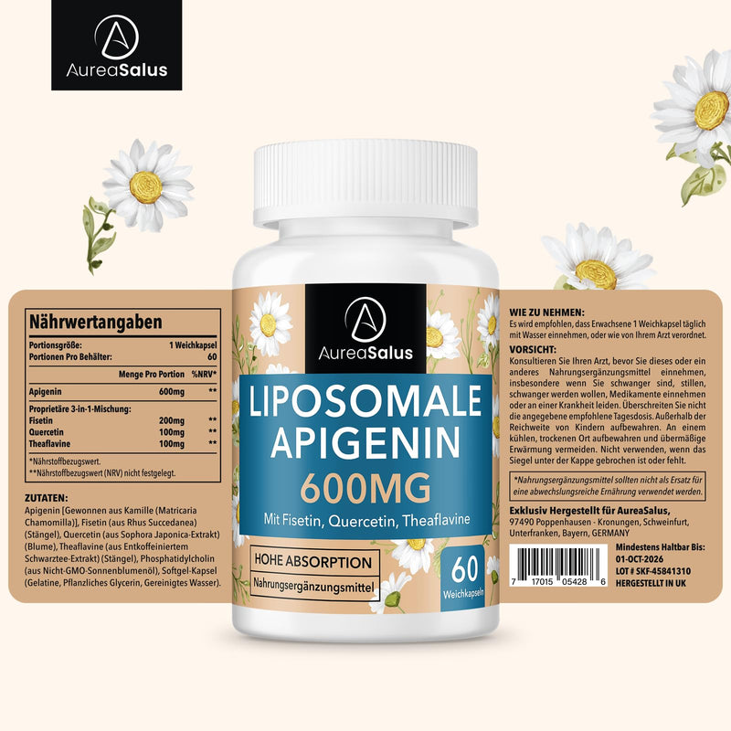 Apigenin 600 mg, extra strong liposomal apigenin capsule - high dose, with fisetin, quercetin and theaflavins (60 pieces (pack of 1)) 60 pieces (pack of 1) - NewNest Australia