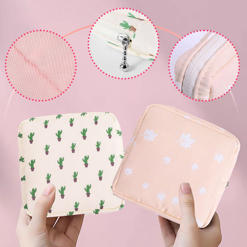 Sanitary Towel Holder，Period Bag Sanitary Napkin Storage Bag Sanitary Pouch with Zipper Portable Pantyliners Bag for Women Teen Girls Ladies(2Pcs) Pink Leaves&pink Cactu - NewNest Australia