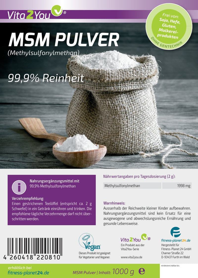 Vita2You MSM powder 1000g - (methylsulfonylmethane) 99.9% purity - mesh factor 40-80 - 1kg organic sulfur - premium quality - NewNest Australia