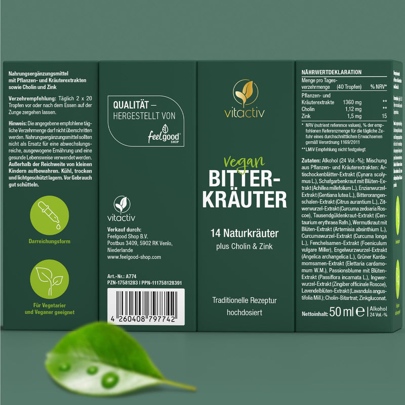 Vitactiv Bitter Herbs - Bitter Drops With Alcohol - Exquisite Herbs Plus Choline & Zinc - Bitter Drops By Hildegard Von Bingen - No Artificial Additives, Sugar-Free, Vegan - 50 Ml - NewNest Australia