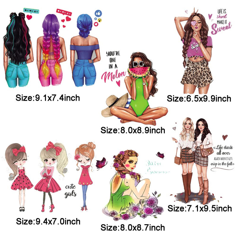 Cute Girl Iron on Decals 6 PCS Summer Colorful Beautiful Princess Heat Transfer Stickers Applique for DIY Women Girl Clothing Shirt Jean Jackets Backpacks - NewNest Australia