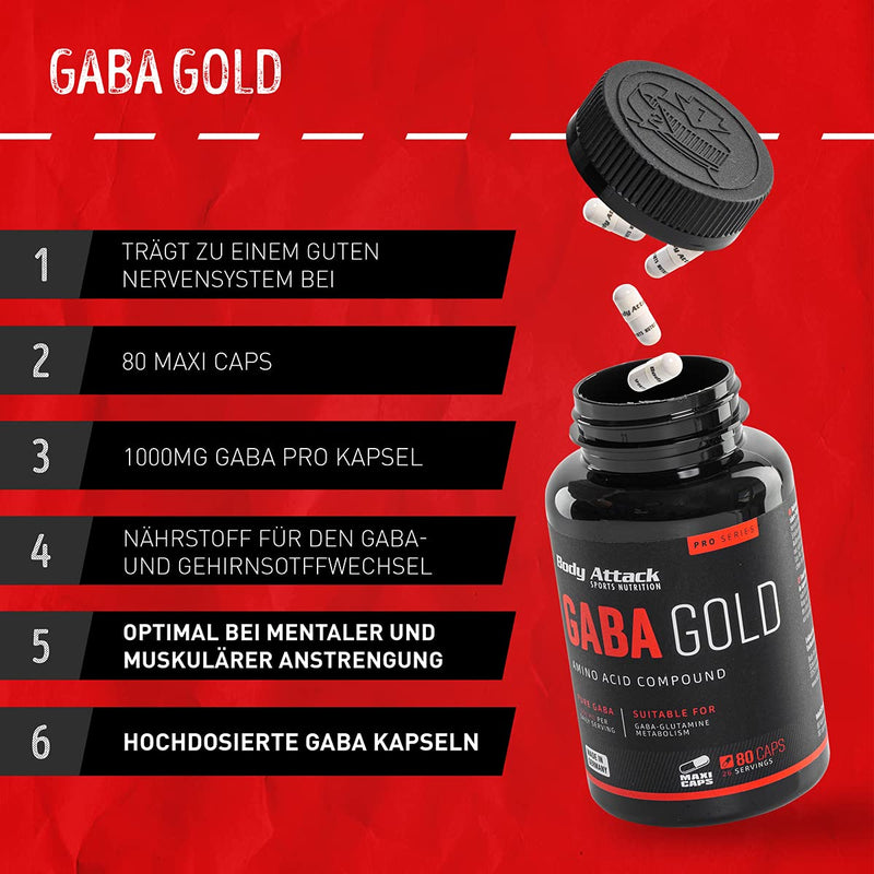 Body Attack-Gaba Gold, 80 Capsules - High-Dose Gamma Aminobutyric Acid Caps, 1000 Mg Of Pure Gaba Per Daily Portion, Gaba-Glutamine Metabolism, For All Athletes And Athletes-Made In Germany - NewNest Australia