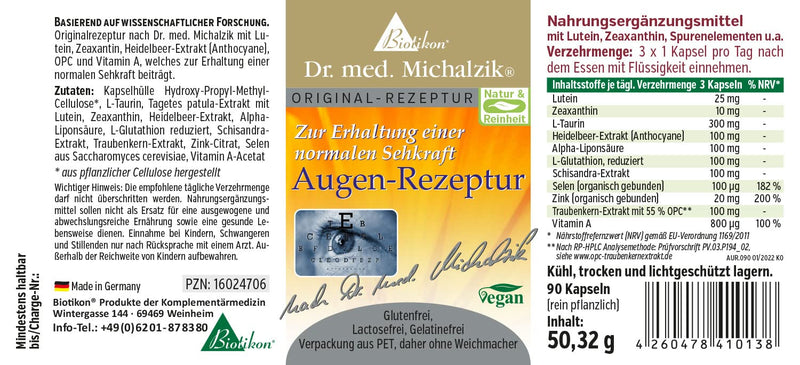 Eye prescription Dr. med. Michalzik, with lutein, zeaxantin, blueberry extract (anthocyanins), OPC, L-taurine, vitamin A, alpha-lipoic acid, zinc - without additives - from BIOTIKON® - NewNest Australia