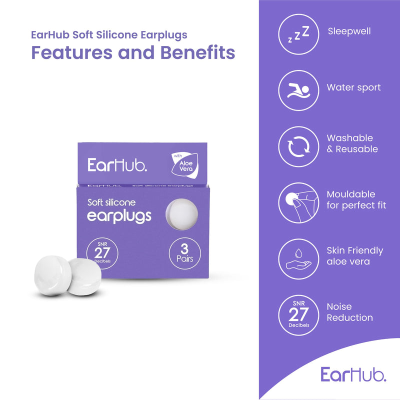 EarHub Sleepwell Soft Premium Silicone Earplugs 3 Pairs. Reusable & Custom Fit Silicone Ear Plugs. Best Used for Sleep. Also Used for Travel, Water Sports, Work, Study & Concerts. Travel case inc - NewNest Australia