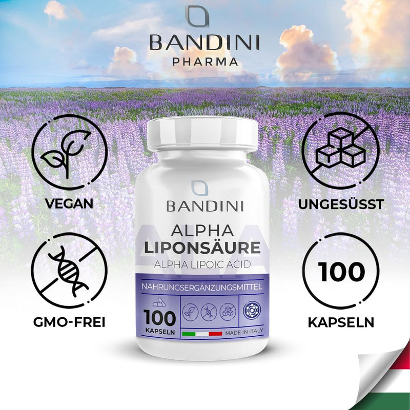 Bandini® ALA Alpha Lipoic Acid 200mg | 100 capsules | Antioxidant Alpha Lipoic Acid | Support for the circulatory system, liver, nervous system | Highly dosed, vegan, laboratory tested, bioavailable, GMO-free - NewNest Australia