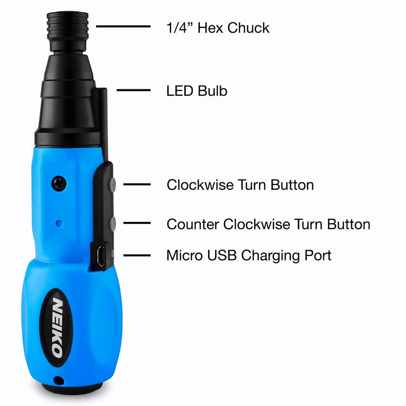 NEIKO 10577A Cordless Power Screwdriver | 1/4” Hex Auto-Lock Safety Chuck | Includes Phillips and Flathead Bit | USB Rechargeable Lithium-Ion Technology | Auto and Manual Mode - NewNest Australia