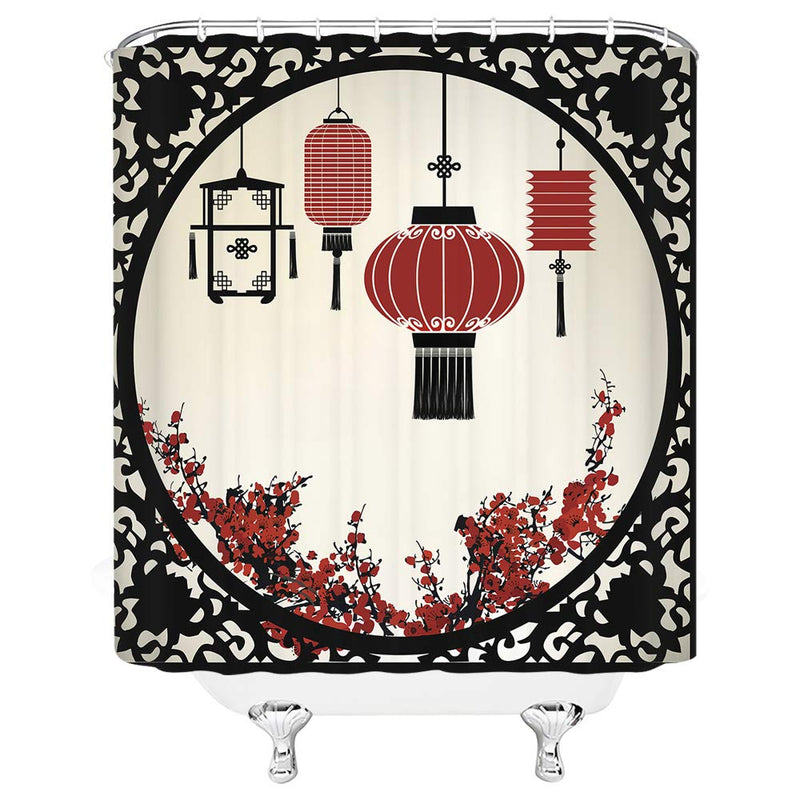 BCNEW China Window Shower Curtain Decor Oriental Lantern Plum Blossoms Red Flower Bathroom Curtain Polyester Fabric Machine Washable with Hooks 70x70 Inches Black Red 70" W x 70"H - NewNest Australia